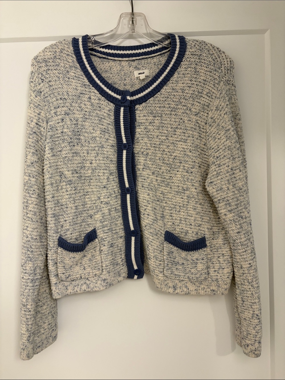 aerie White Marled Cardigan with Blue Trim